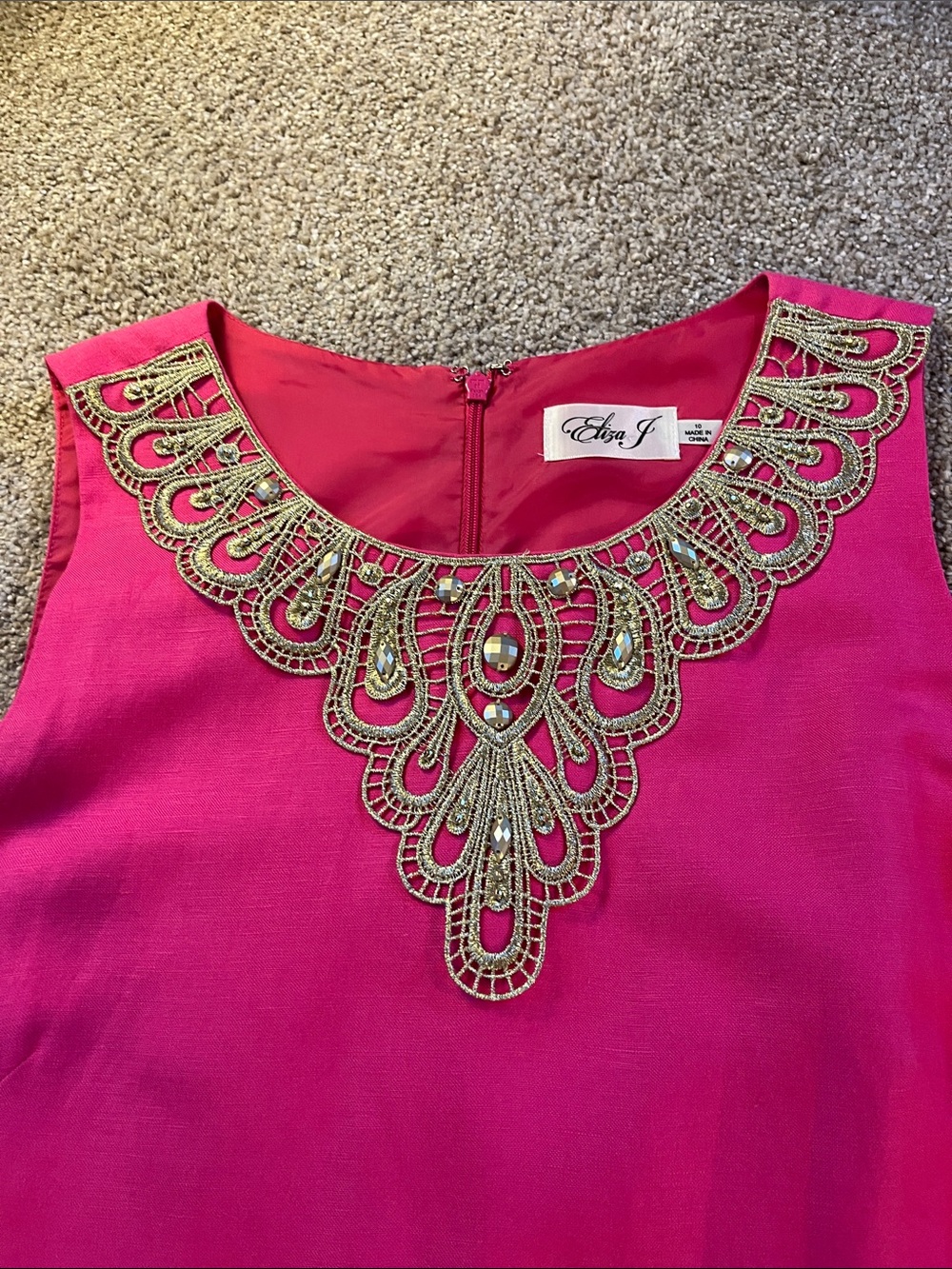👑👑👑Eliza J Pink Linen Blend sz10 Gold Embroidered Gold Beaded Yoke Shift MONEY - Picture 3 of 13